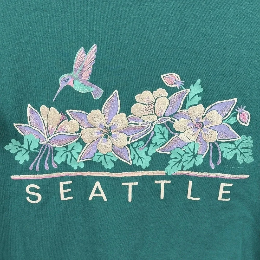 Vintage Seattle Shirt Mens Large Green Hummingbird Flowers Graphic 80s 90s - Picture 5 of 5